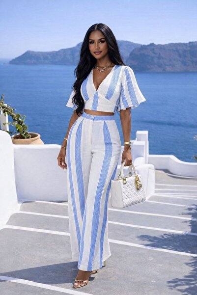 Ahzem Collection Double Striped Suit with Wide Legs in Muslin Fabric