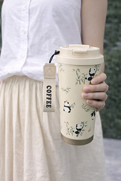 OEM Cana termos cu capac si curea, 550 ml, inox, design cu Panda, etansa, pen...