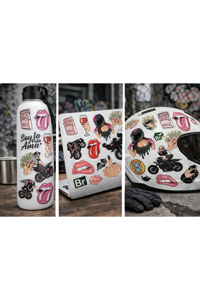 Limitless Design Cool Girl & Biker Sticker Seti 22x30 cm | Dudak, Motor, Stil...