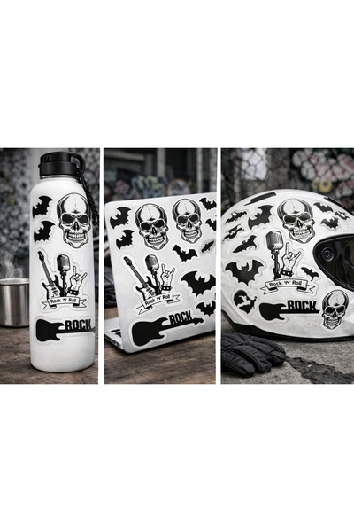 Limitless Design Rock & Skull Sticker Seti 22x30 cm – Siyah Beyaz Kuru Kafa &...