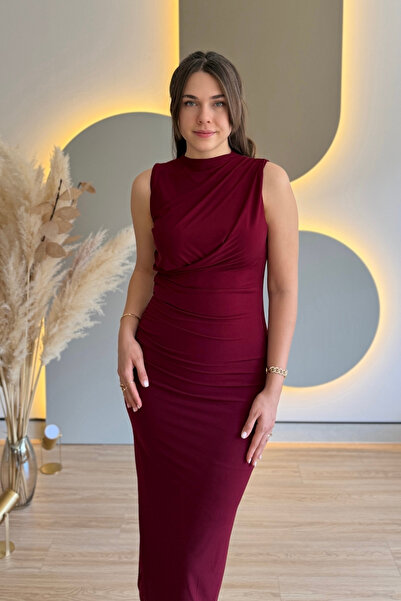 Aventien Zero Sleeve Draped Slit Burgundy Dress