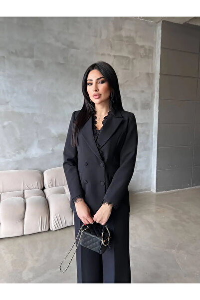 Göker Life Γυναικείο Καφέ Σοκολατί Κοστούμι - Σακάκι με Δαντέλα & Παντελόνι