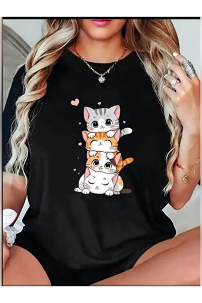 sor sign Black Unisex T-Shirt Loose Storyline Kedi̇ler B Printed Round Neck S...