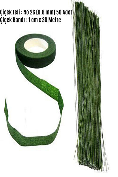 ASL ArtPaper Çiçek Teli Yeşil No: 26 (0.8 mm) 50 Adet 60 cm ve Yeşil Çiçek Ba...