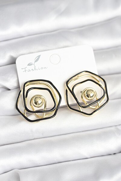 Inure Jewelry Brass Gold Color Black Enamel Geometric Rose Model Women's Earr...
