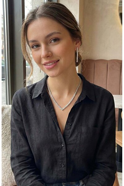 Inure Jewelry طقم أقراط وقلادة نسائية من حجر الزركون الفضي اللون