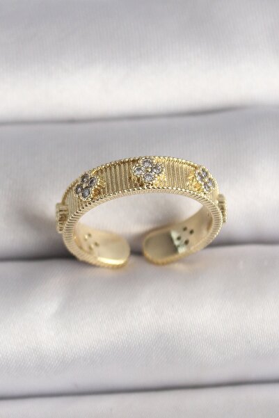 Inure Jewelry Pirinç Gold Renk Zirkon Taşlı Yonca İşlemeli Ayarlanabilir Yüzük