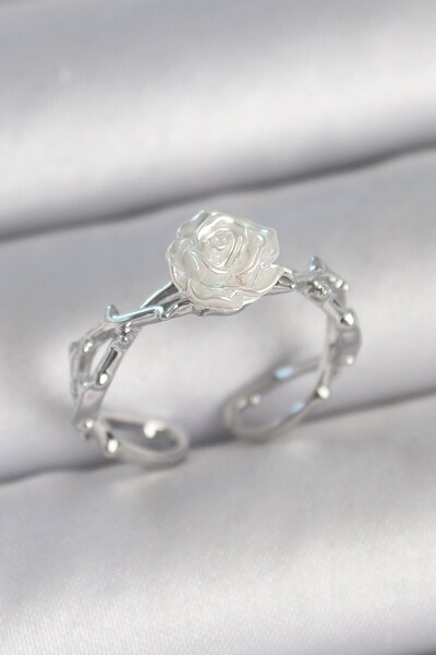 Inure Jewelry Brass Silver Color White Rose Model Adjustable Women's Ring