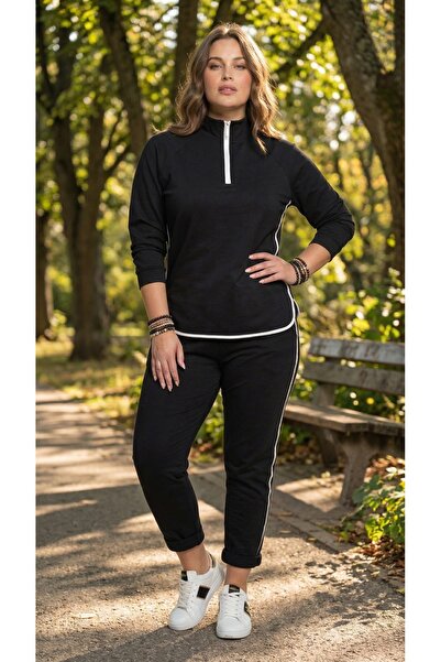 Meddesa Women's black suit with neck zipper and white side stripe