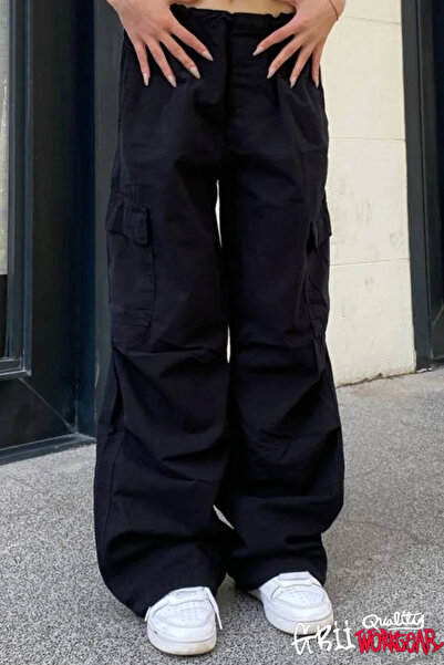 GRİİ WEAR Unisex Loose Baggy Cargo Pocket Elastic Waist Pleated Cotton Trousers