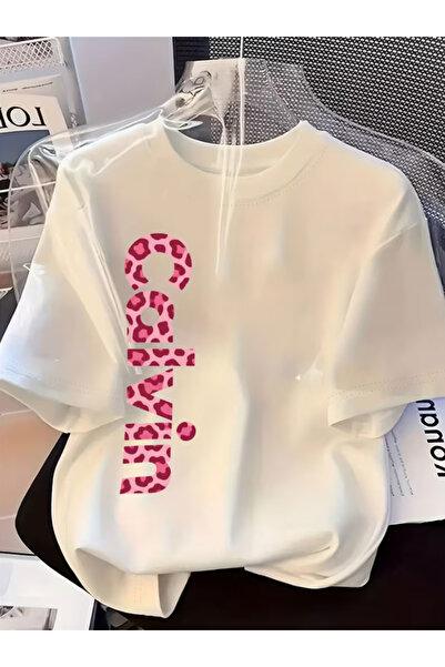 LİNA06 تي شيرت نسائي برقبة دائرية وطباعة حروف إبداعية بأكمام قصيرة