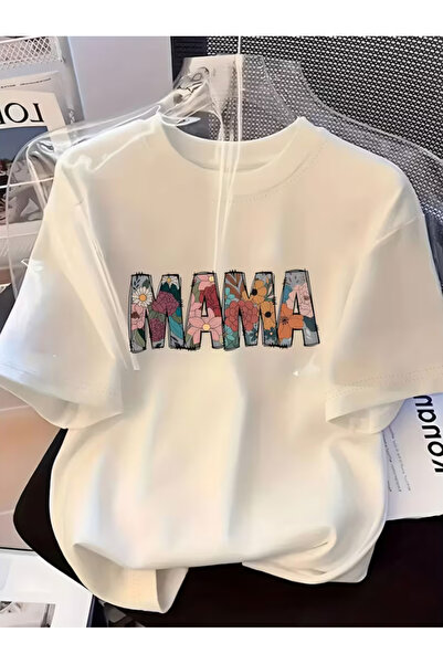 LİNA06 تي شيرت نسائي ناعم بطباعة ماما وآثار أقدام - أكمام قصيرة وياقة مستديرة