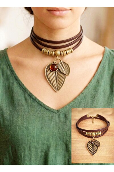 LADYMİRAGE Fall Leaves Genuine Leather Choker Necklace