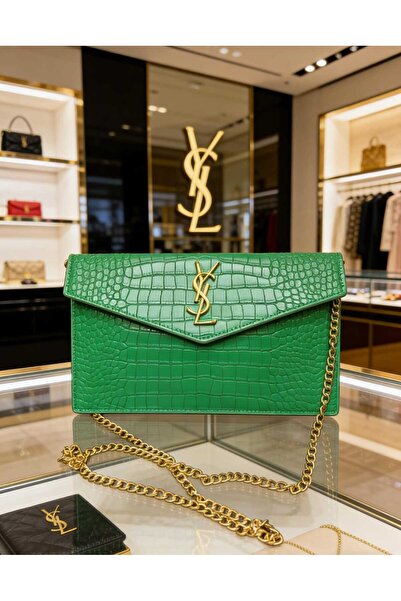 Lou Puffer Toy YSL Shoulder Bag in Quilted Leather Green Croc Embossed Leathe...