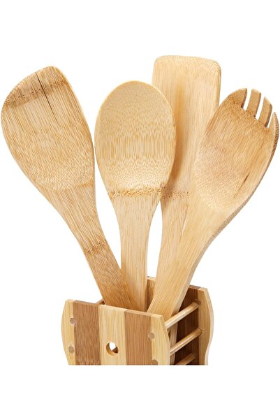 Generic Piece Utensils Set Bamboo Cooking , Serving Wooden Spoon With Stand Each 30 Cm Long Sandal Yellow