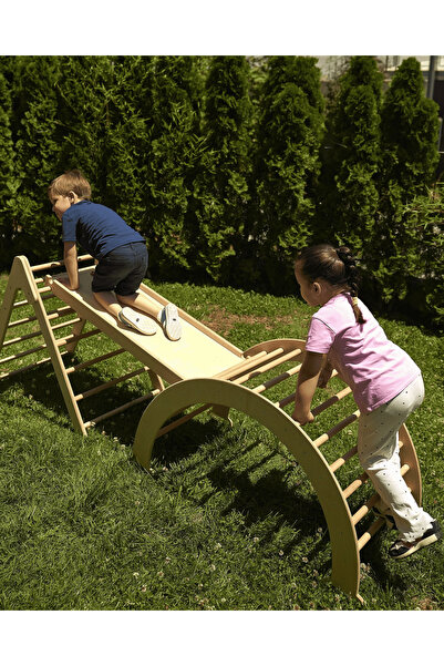 Muyuru Montessori Ahşap Üçlü Pikler Seti Pikler Üçgeni, Çift Taraflı Kaydırak...