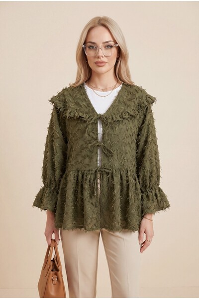 MissRunin önü Bağcıklı Tüylü Dokulu Clip Jakar Kimono