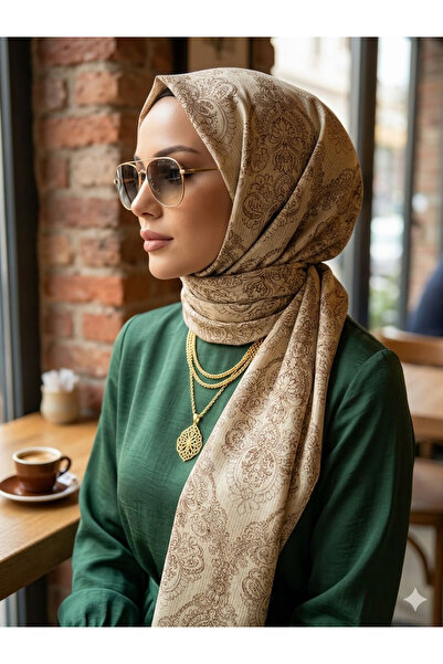 Nazellaa Damaks Desen Krep Şifon Şal Bej