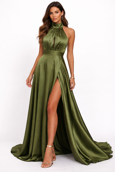 wisteriA Saten drapeli halter yaka abiye elbise