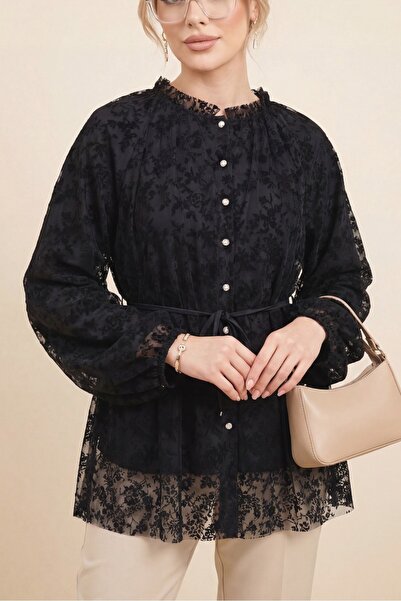 MissRunin Dik Yaka Beli Bağcıklı Balon Kol Flog Baskılı Astarlı Tül Tunik