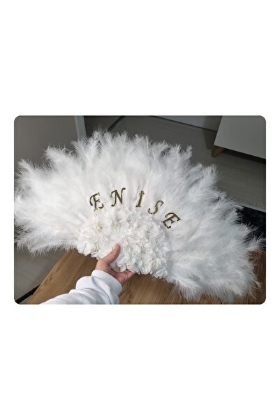 mostbeautifull Beyaz Tüylü Gelin Yelpazesi İsimli Kına Nişan Düğün Aksesuarı