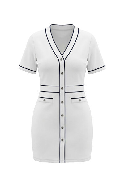 On Fashion Γυναικείο κοντομάνικο φόρεμα με κουμπιά και λεπτομέρειες από ριμπά...