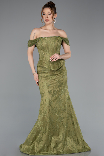 Abiyefon Haki Kayık Yaka Peplum Kesim Uzun Dantel Abiye Elbise ABU5609