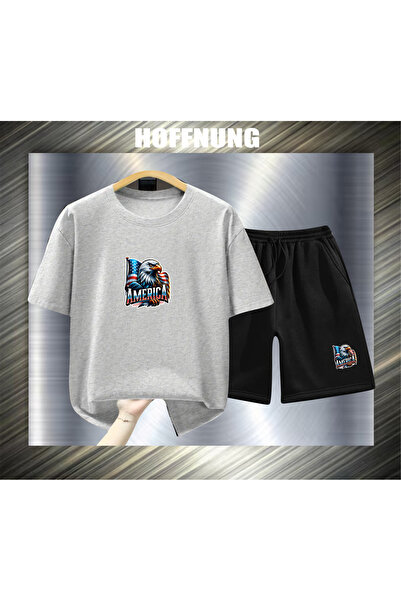 HOFFNUNG Unisex Casual Short Sleeve Set with Flag Eagle America Print Outdoor...