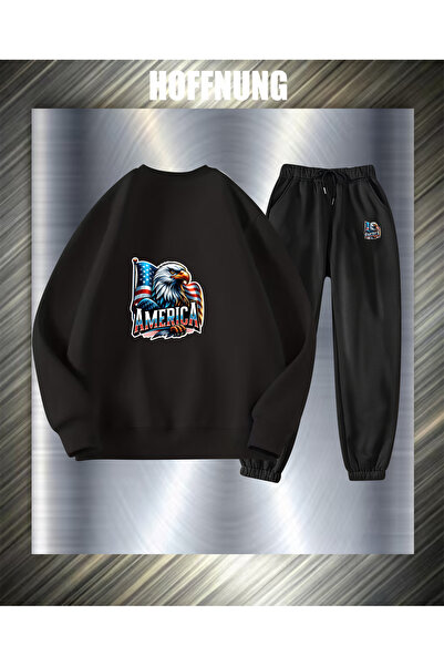 HOFFNUNG Unisex Casual Tracksuit Set Flag Eagle America Outdoor Full Sweatshirt