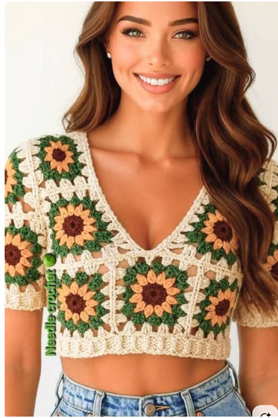 MEGA Megahan boutıque çıcek motıflı el orgu motıflı krem crop bustıyer