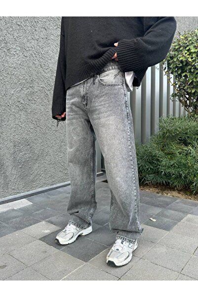 Gri taşlanmış baggy kot pantolon