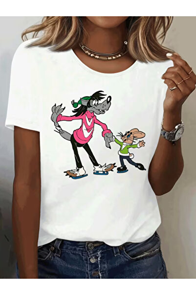 LİNA06 Loose-Fit Grey Wolf & Rabbit Ice Skating Graphic T-Shirt