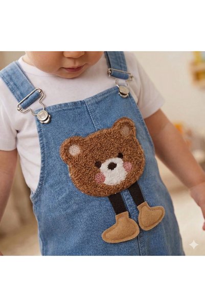 genybaby Unisex Baby Salopet Set with Teddy Bear Detail, Denim Salopet + White T-Shirt 6-24 Months
