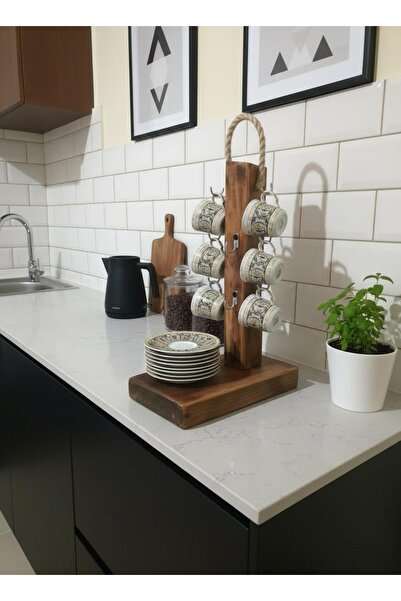 Yediotuz Masif Ahşap Rustik 6’lı Fincan Askılığı ve Tabak Düzenleyici Kahve S...