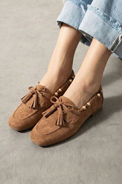 STOCON Women's Tan Suede Beaded Detailed Loafer Daily Use Shoes Stc1240