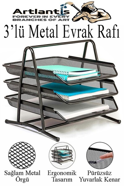 Artlantis Renkli Metal Evrak Rafı 3 lü 1 Paket Masa Üstü A4 Dosya Düzenleyici...