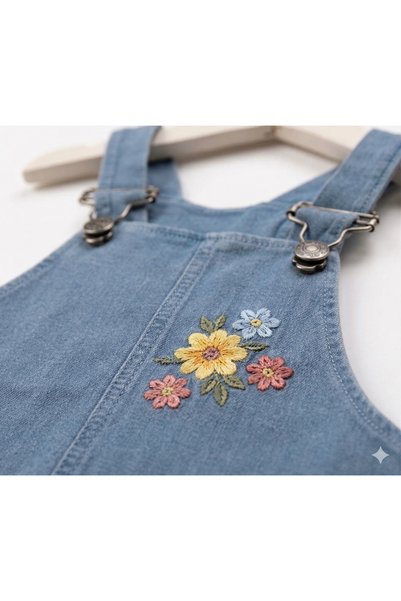 genybaby Baby Girl Floral Embroidered Denim Salopet Set with T-Shirt 6-24 Months