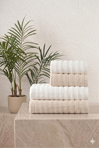 COTTONQUEEN طقم مناشف حمام كريمي بيج ELY مكون من 4 قطع
