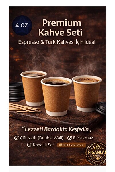 figanlar ambalaj Premium 4 Oz Kraft Double Wall Karton Bardak Seti Kapaklı Es...