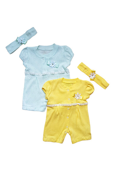 Miniworld Baby Set of 2 short summer overalls with headband for girls, embroi...