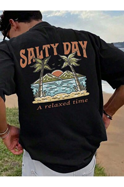 EYAX MODA Tricou oversize pentru bărbați, cu imprimeu SALTY DAY pe spate