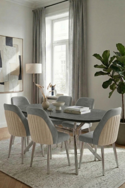 SANDERYA Node Serisi Krom Ayaklı Aris Gri 85x170 Mutfak Salon Masa Takımı 6 S...