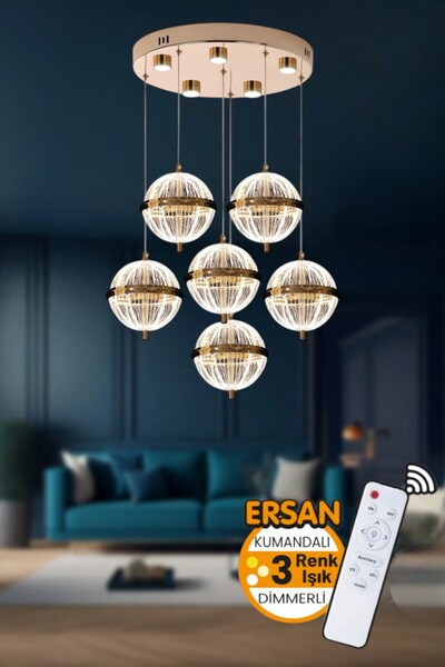 Ersan Avize Ada 6'lı Gold Kumandalı 3 Renk Işık Özellikli Dimmerli Modern Sar...