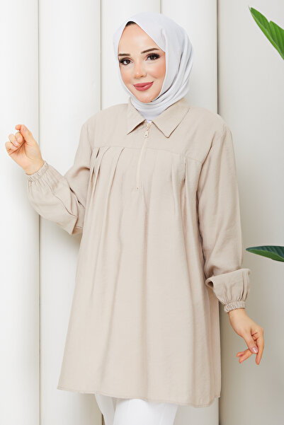 Pamuk Butik Women's Pleated Zipper Detailed Polo Collar Tunic