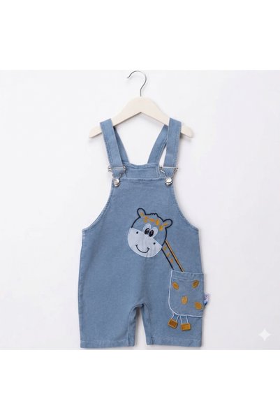 genybaby Baby Boy Giraffe Embroidered Denim Salopet Set with White T-Shirt 6-24 Months