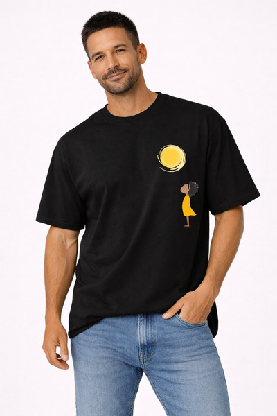VODEXA Tricou oversize pentru bărbați SUN AND CHILD, imprimat, 100% bumbac, c...