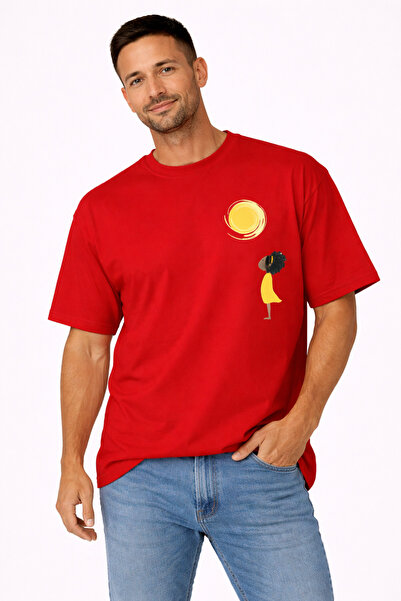 VODEXA Tricou oversize pentru bărbați SUN AND CHILD, imprimat, 100% bumbac, c...