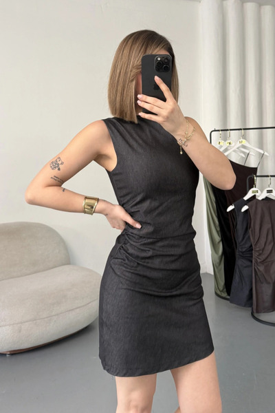 MOZENA Zero Sleeve Gathered Mini Denim Dress