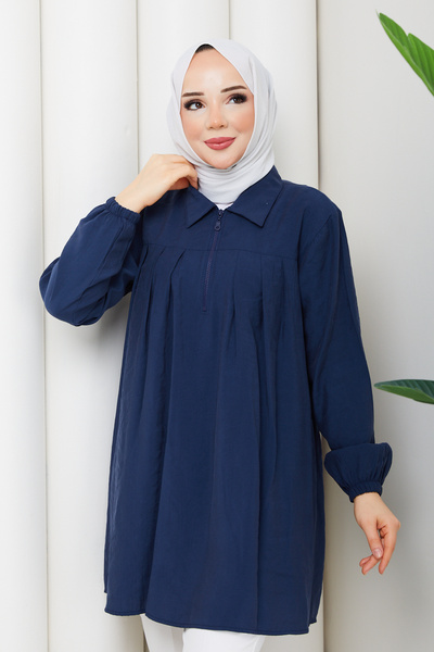 Pamuk Butik Women's Pleated Zipper Detailed Polo Collar Tunic