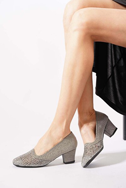 Moda Pie Semter Square Stone Women's Classic Heeled Shoes Platinum Glitter